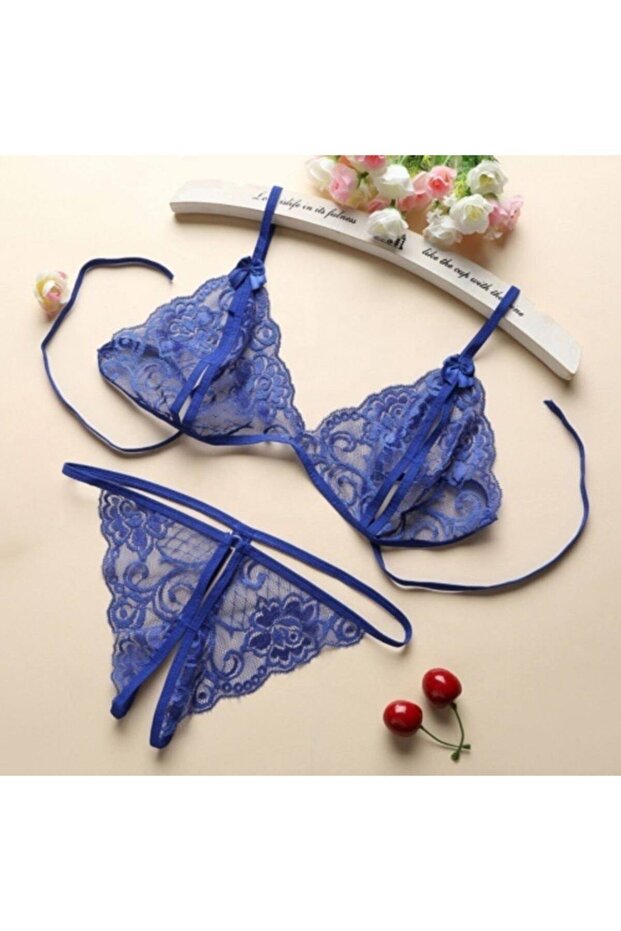 Women's Blue Lace Bra Panties Set