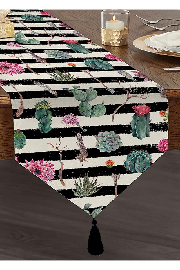 Digital Printed Caltus Patterned Tasseled Chenille Triangle Runner - 1