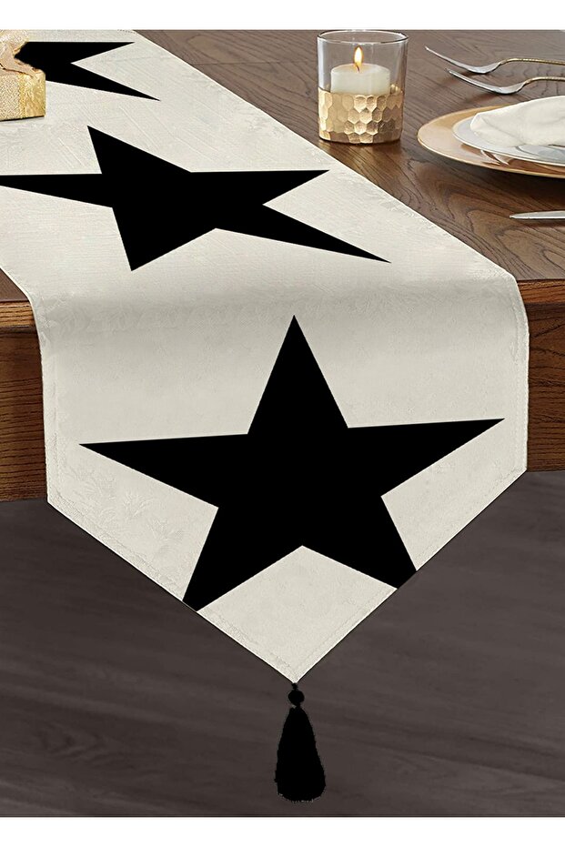 Star Patterned Digital Printed - Tasseled Decorative Triangle Runner - 1