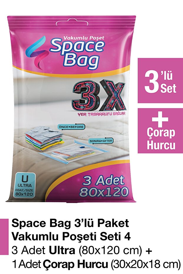 3 Adet 80x120 Vakumlu Poşet Seti + 1 Adet Çorap Hurcu - 1