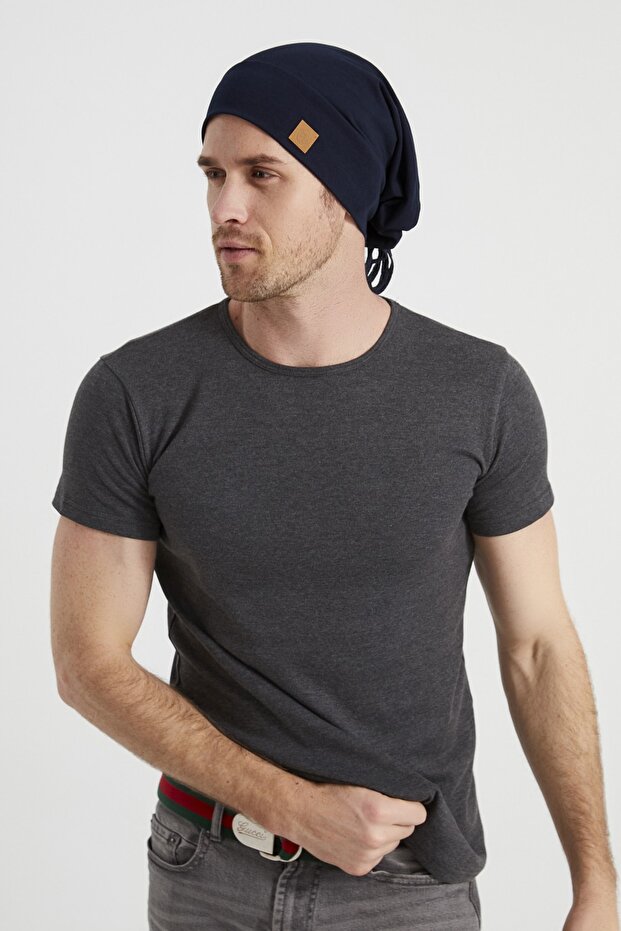 Men's Navy Blue, Special Design 4 Season Hat with Rope Detail, Beret Buff - Ultra Soft Natural Combed Cotton Fabric