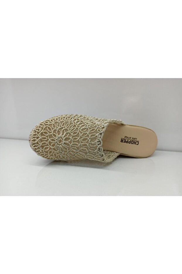 Kadın Krem Hasır Örgü Terlik - 3