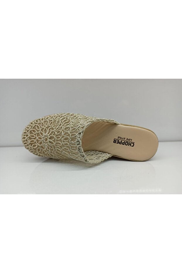 Kadın Krem Hasır Örgü Terlik - 4