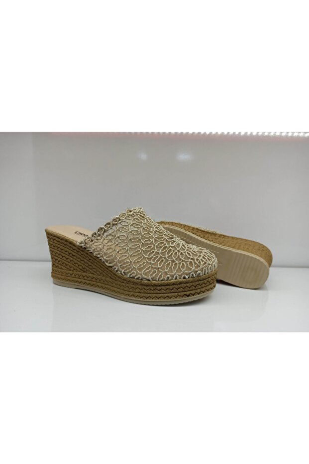 Kadın Krem Hasır Örgü Terlik - 5