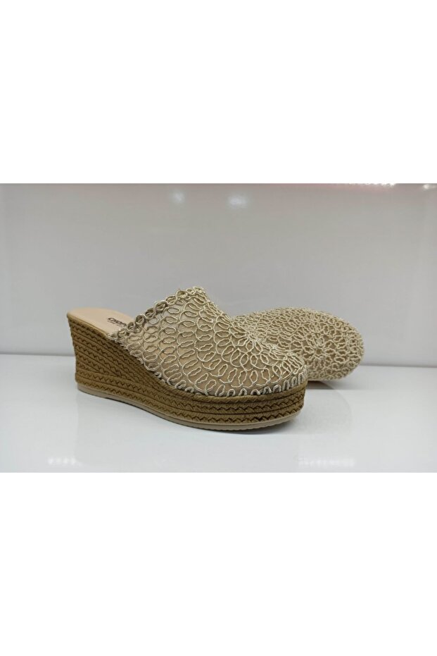 Kadın Krem Hasır Örgü Terlik - 7