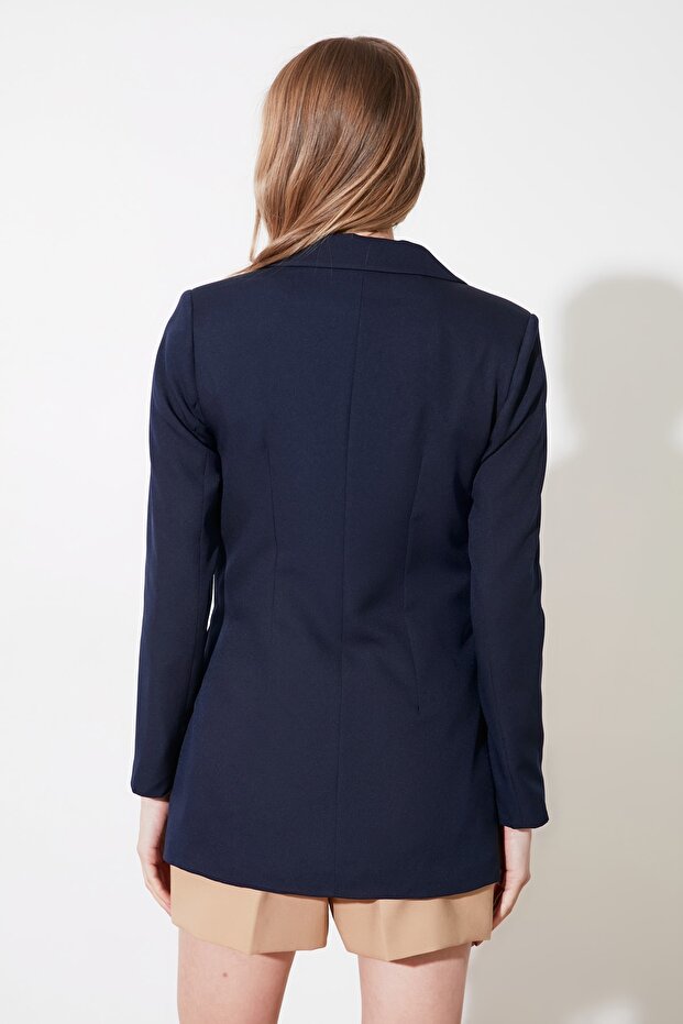 Lacivert Oversize Astarlı Kruvaze Kapama Dokuma Blazer Ceket TWOSS20CE0024 - 10