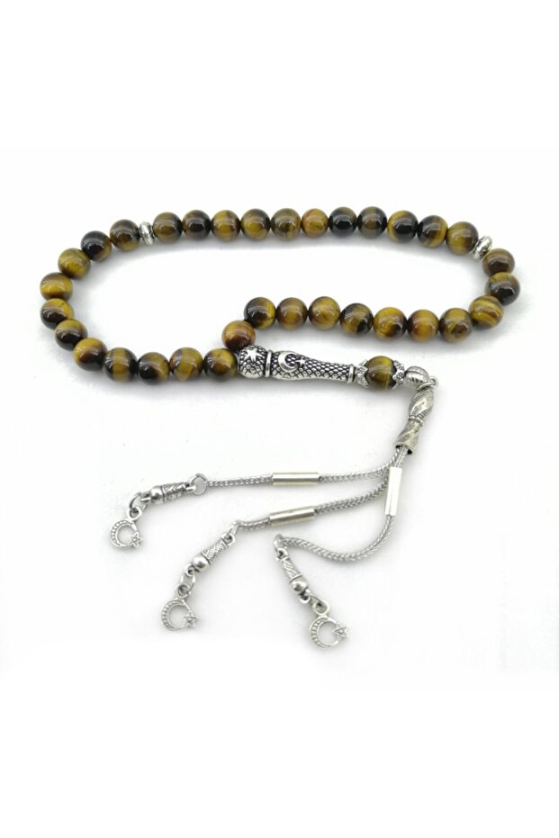 Certified Tiger's Eye Natural Stone Prayer Beads with Metal Components 8 mm