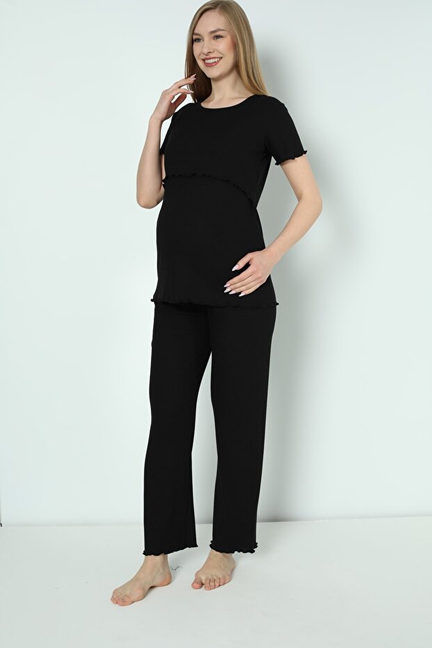 Black Cotton Corded Knitted Fabric Maternity and Maternity Pajamas Set