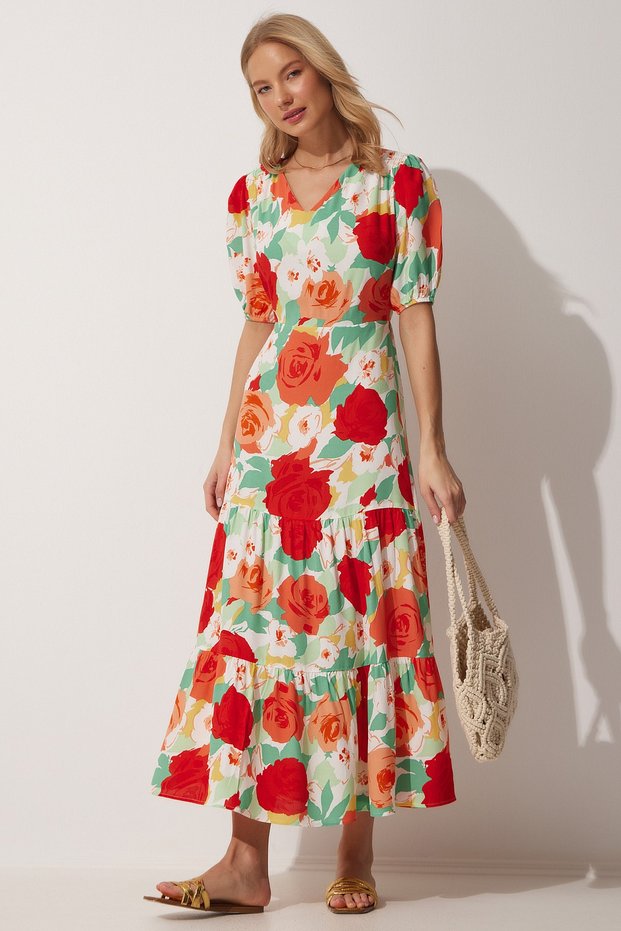 Women's Red Green Floral V-Neck Summer Woven Dress HM00062