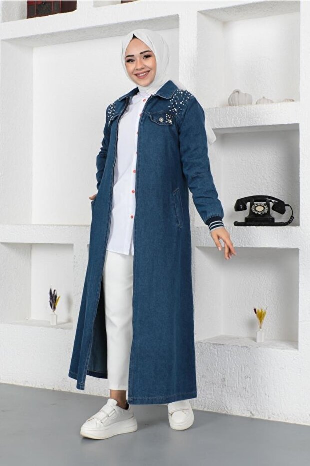 7808 Pearl Detailed Long Denim Cap Navy Blue