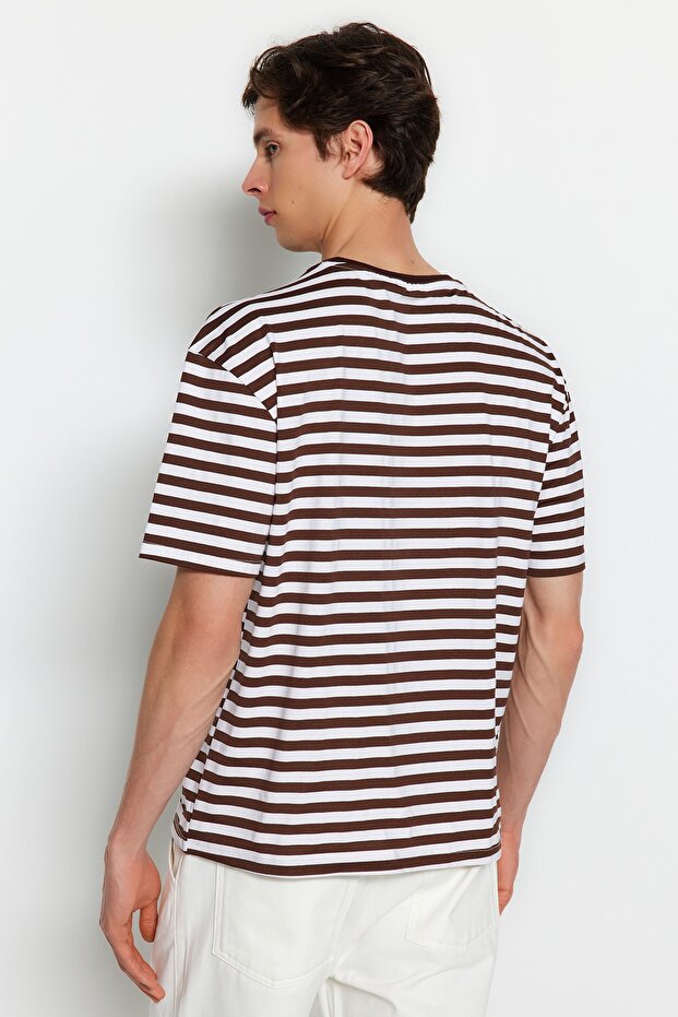 Açık Kahverengi Oversize/Geniş Kesim Çizgili Bisiklet Yaka Kısa Kol T-Shirt TMNSS20TS0511 - 2