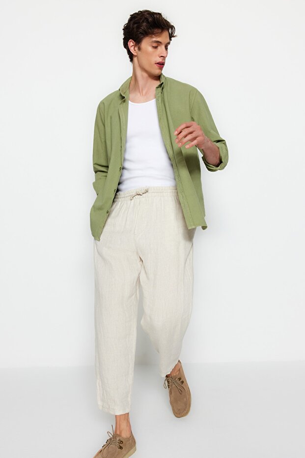 Haki Unisex Regular Fit %100 Pamuklu Keten Görünümlü Fit Gömlek TMNSS23GO00099 - 4