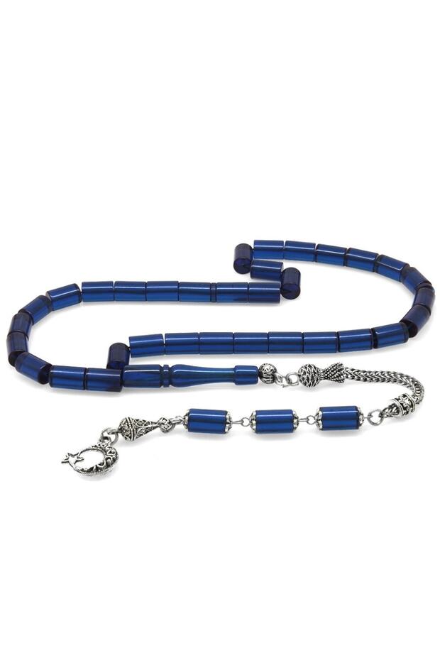 Non-Tarnish Metal Tasseled Cut Blue Fire Amber Prayer Beads