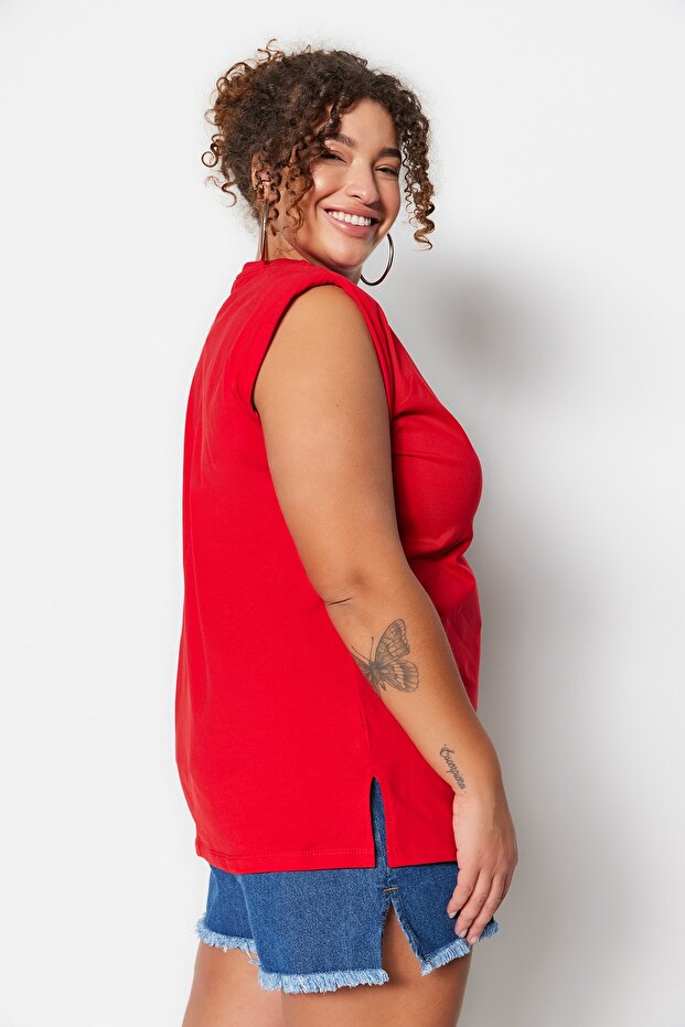 Piros Boyfriend Fit nyomott pamut póló - TBBSS23BF00038 - 5