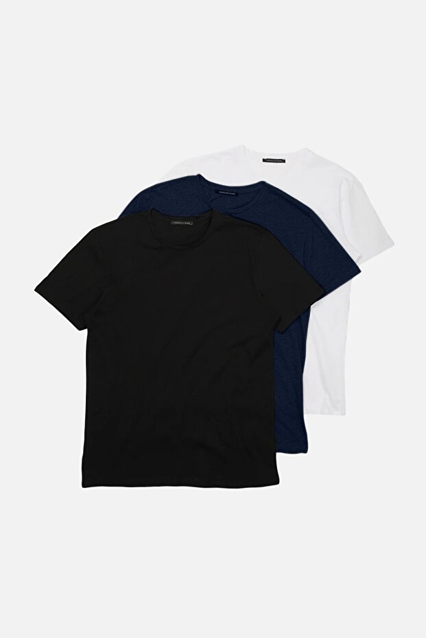 Unisex Lacivert-Siyah-Beyaz Slim/Dar Kesim Bisiklet Yaka Basic %100 Pamuk 3'lü T-Shirt TMNSS19BO0007 - 2