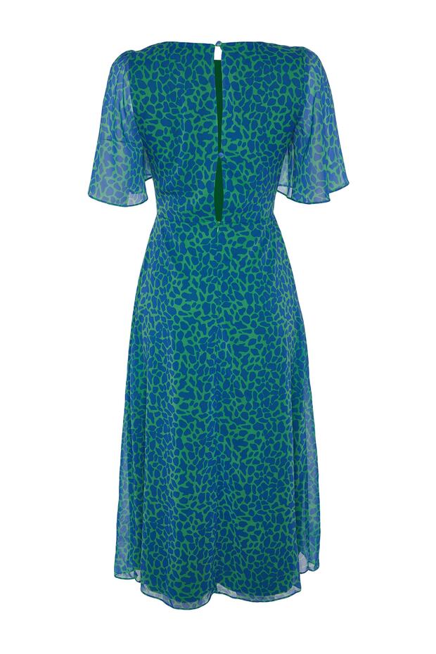 Zöld állatmintás A-vonalú angyalujj bélésű sifon repülő repülő szőtt midi ruha TWOSS23EL01372 - 12