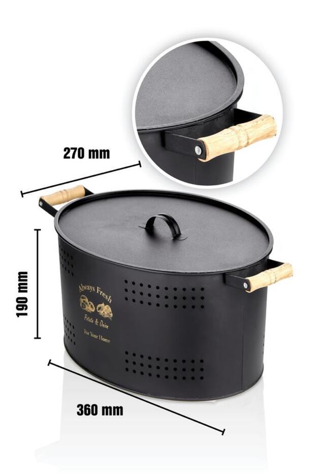 Black Wooden Handle Potato Onion Storage Box with Lid Patterned Metal Bread Storage Box - 5