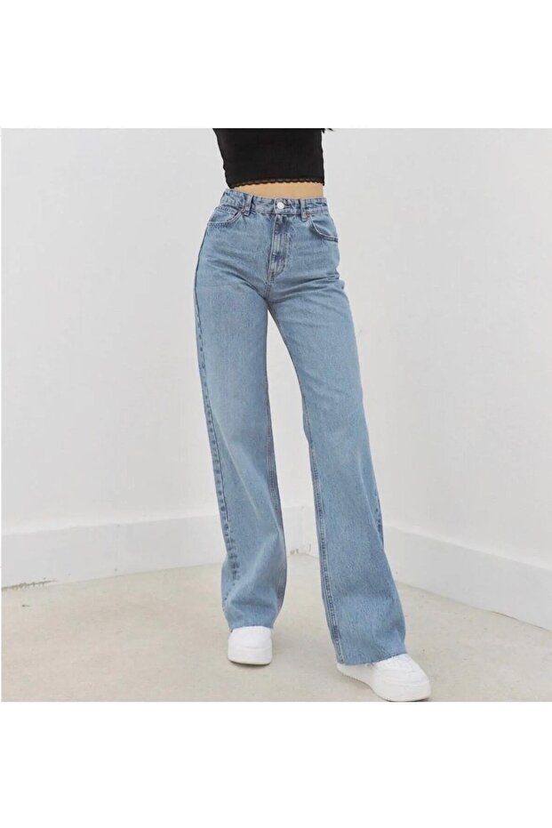 Palazzo Kar Yıkama Wide Leg Yüksek Bel Kot Pantolon Esnek - 1