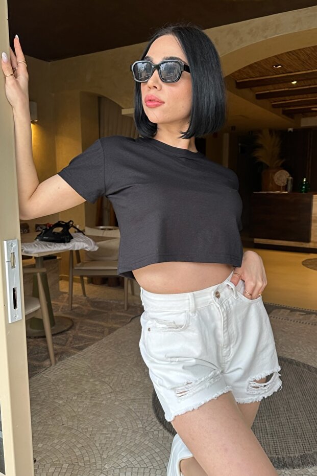 Basic Oversize Cut Crop Cotton póló - 1