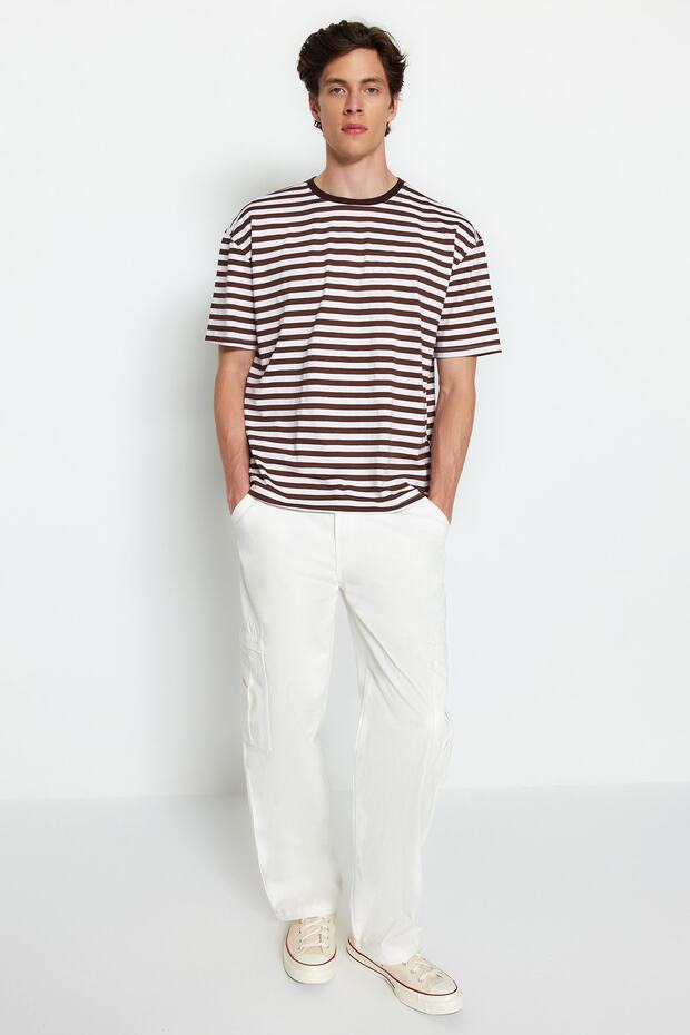Açık Kahverengi Oversize/Geniş Kesim Çizgili Bisiklet Yaka Kısa Kol T-Shirt TMNSS20TS0511 - 3