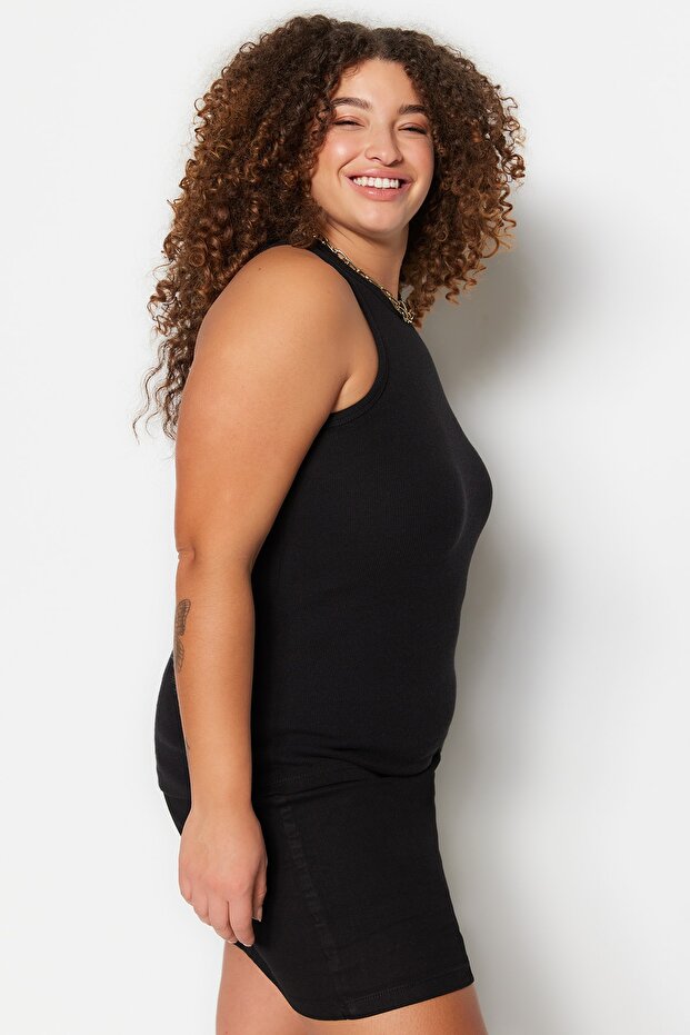 Siyah Halter Yaka Pamuklu Fitted/Vücuda Oturan Basic Örme Atlet TBBSS23CV00001 - 3