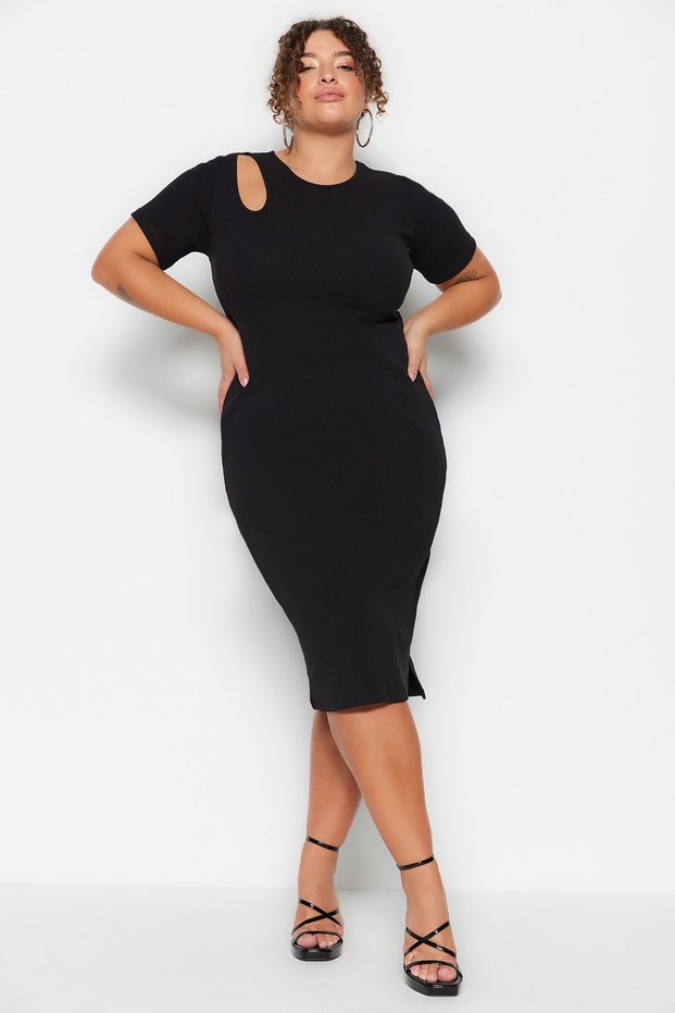 Black Corded Cut-Out and Slit Detailed Knitted Dress TBBSS23AH00250