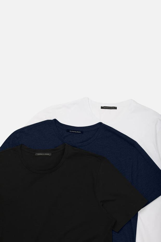 Unisex Lacivert-Siyah-Beyaz Slim/Dar Kesim Bisiklet Yaka Basic %100 Pamuk 3'lü T-Shirt TMNSS19BO0007 - 4