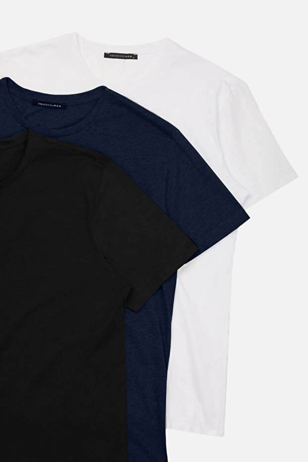 Unisex Lacivert-Siyah-Beyaz Slim/Dar Kesim Bisiklet Yaka Basic %100 Pamuk 3'lü T-Shirt TMNSS19BO0007 - 5