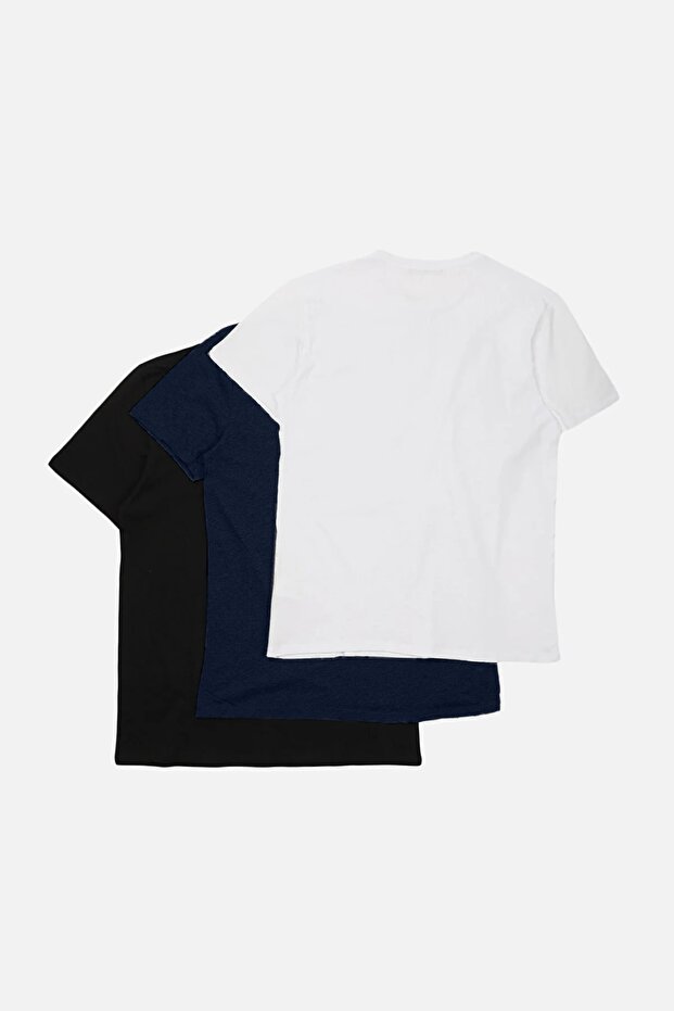Unisex Lacivert-Siyah-Beyaz Slim/Dar Kesim Bisiklet Yaka Basic %100 Pamuk 3'lü T-Shirt TMNSS19BO0007 - 3