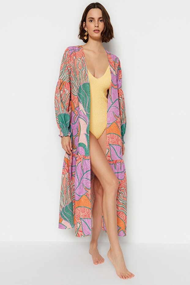 Tropikal Desenli Kuşaklı Maxi Dokuma Balon Kollu 100% Pamuk Plaj Kimono&Kaftan TBESS23KM00103 - 1