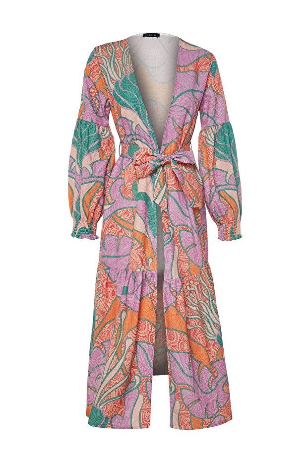 Tropikal Desenli Kuşaklı Maxi Dokuma Balon Kollu 100% Pamuk Plaj Kimono&Kaftan TBESS23KM00103 - 5