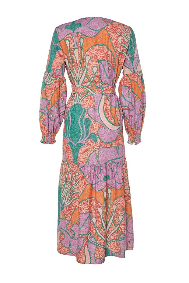 Tropikal Desenli Kuşaklı Maxi Dokuma Balon Kollu 100% Pamuk Plaj Kimono&Kaftan TBESS23KM00103 - 7