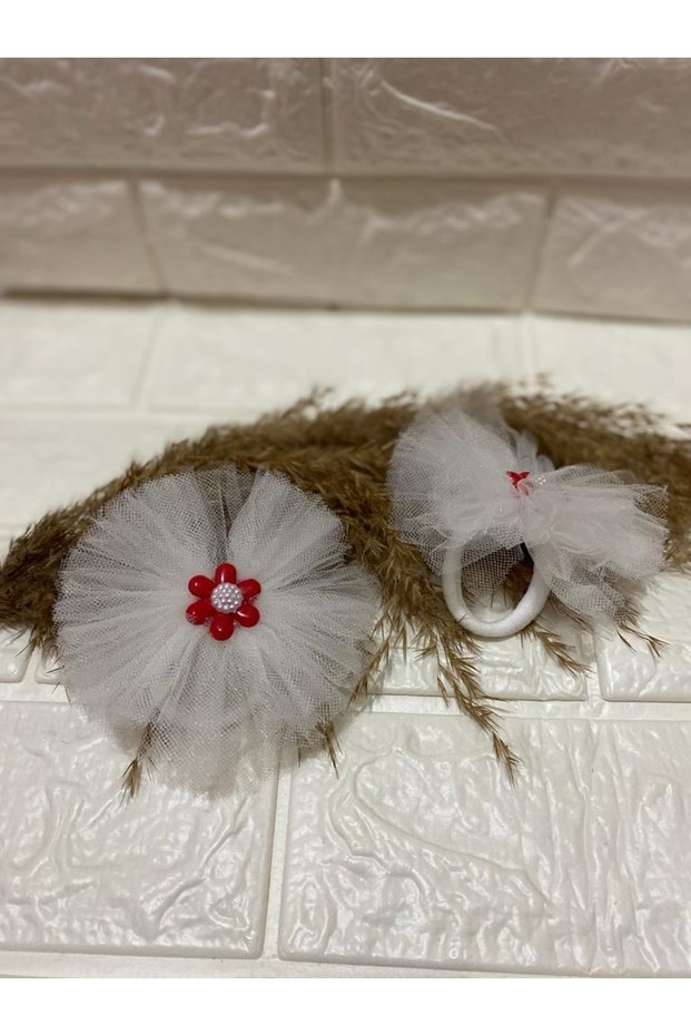 23 April Special Flower and Pearl Detailed Tulle Rubber Buckle Set 2 Pieces - Girl's Holiday Buckle