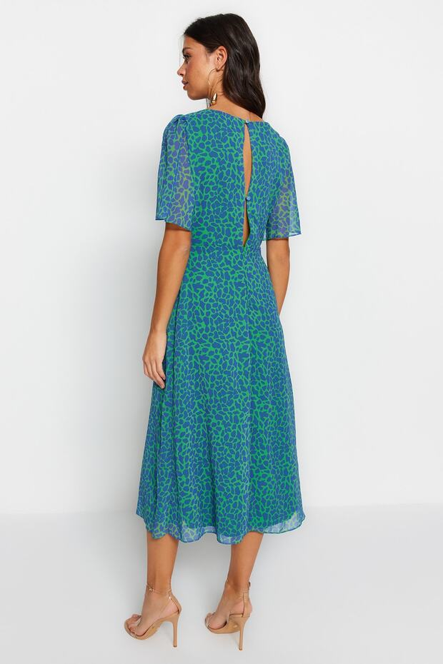 Zöld állatmintás A-vonalú angyalujj bélésű sifon repülő repülő szőtt midi ruha TWOSS23EL01372 - 10