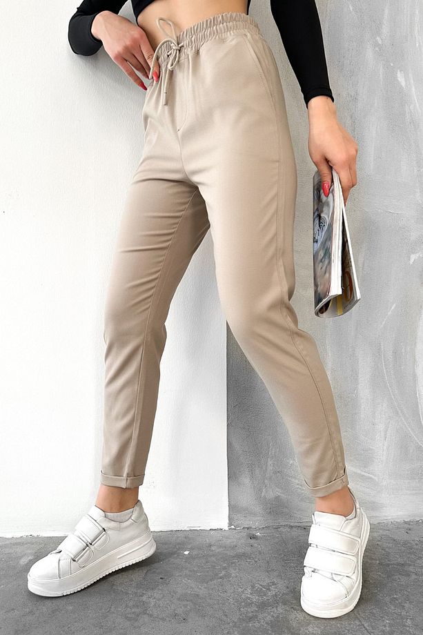 Kadın Bej Dar Paça Duble Paça Lastikli Bel Jogger Pantolon - 2