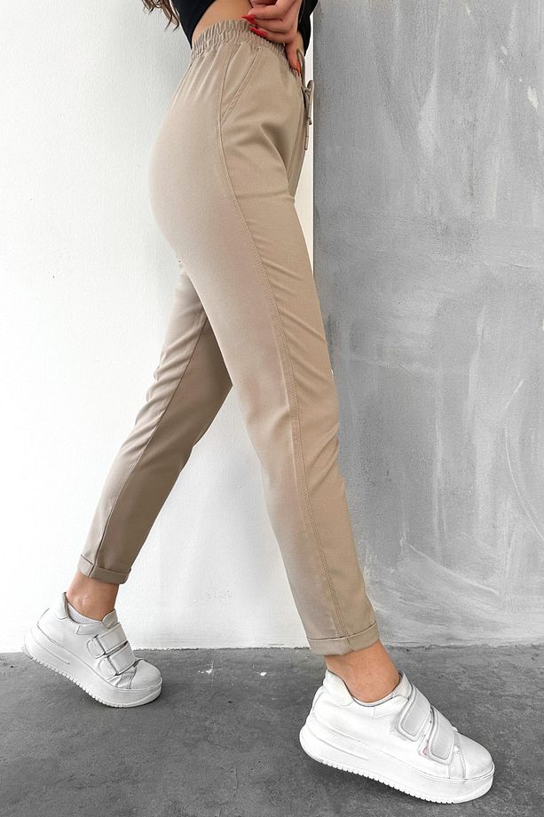 Kadın Bej Dar Paça Duble Paça Lastikli Bel Jogger Pantolon - 4