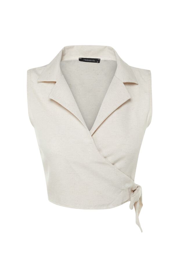 Bej Bağlamalı Crop Dokuma Keten Görünümlü Bluz TWOSS23BZ00550 - 11