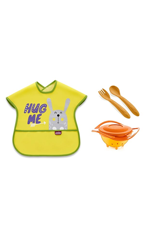 Non-Spill Plate + Fork Spoon Set + Oilcloth Apron Orange Nutrition Set