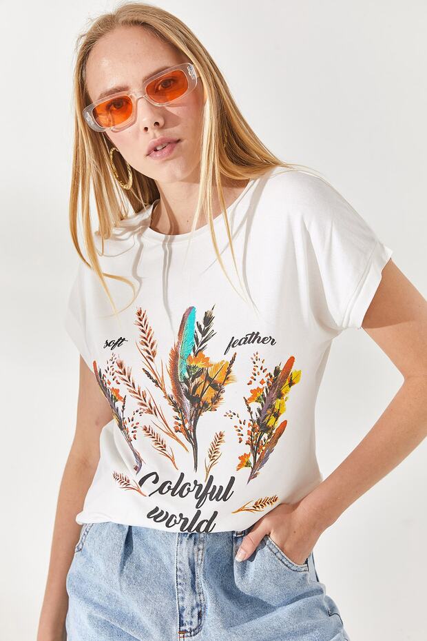 Kadın Ekru Tüylü Baskılı T-shirt TSH-19000125 - 4