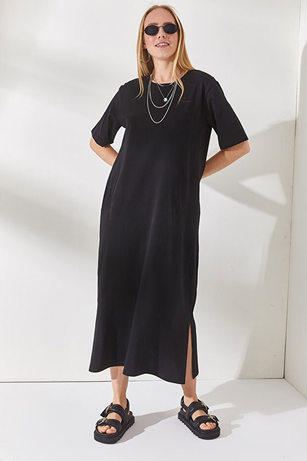 Women's Black Side Slit Oversize Cotton Dress ELB-19001880