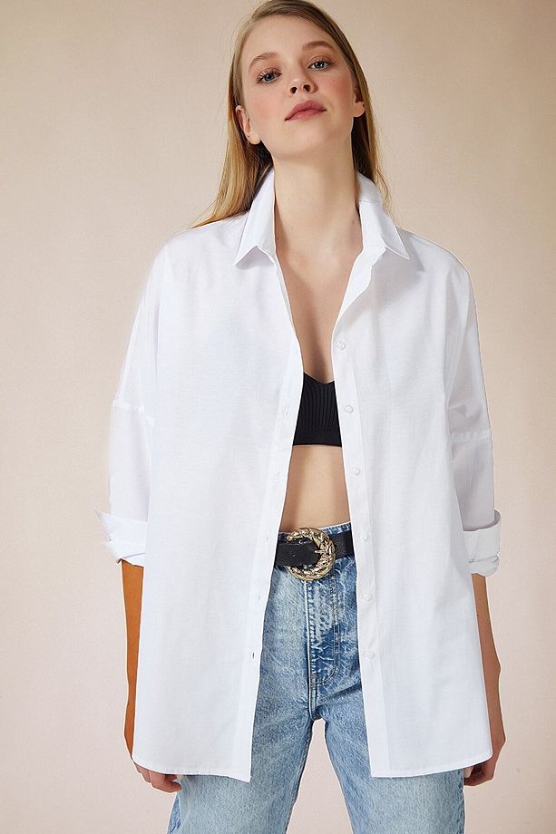 Kadın Beyaz Oversize Uzun Basic Gömlek - 6