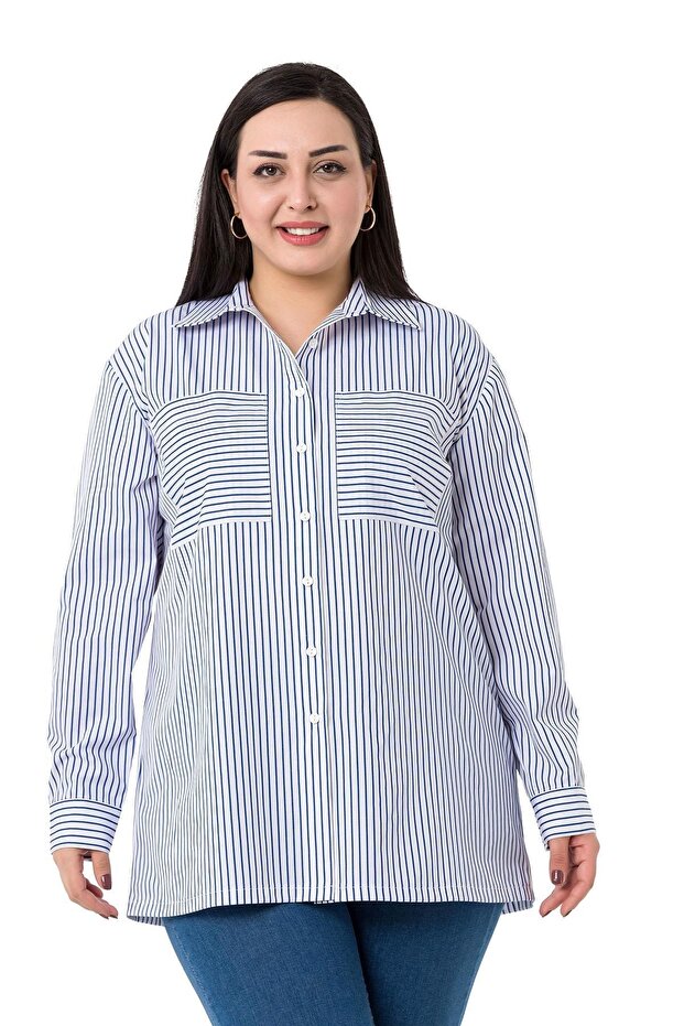 Large Size Navy Blue Striped Shirt with Pocket Detail and Folded Sleeves