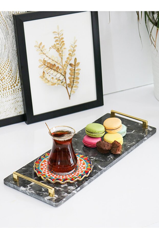 Black Marble Decorative Presentation Stand, Decorative Engagement Promise Tray 40x15 Cm with Gold Handle