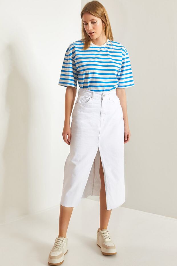 Women's White Laser Cut Slit Denim Skirt 40601018