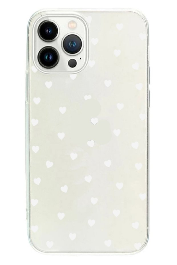 iPhone 14 Pro Max Compatible White Hearts Transparent Phone Case