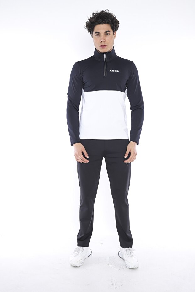 Men's Navy Blue White Diving Fabric Half Zip Slim Fit Tracksuit Set
