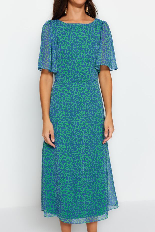 Zöld állatmintás A-vonalú angyalujj bélésű sifon repülő repülő szőtt midi ruha TWOSS23EL01372 - 7