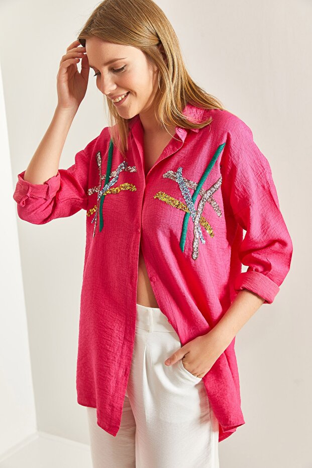 Women's Fuchsia Sequin Palette Embroidered Linen Ayrobin Shirt 40821015