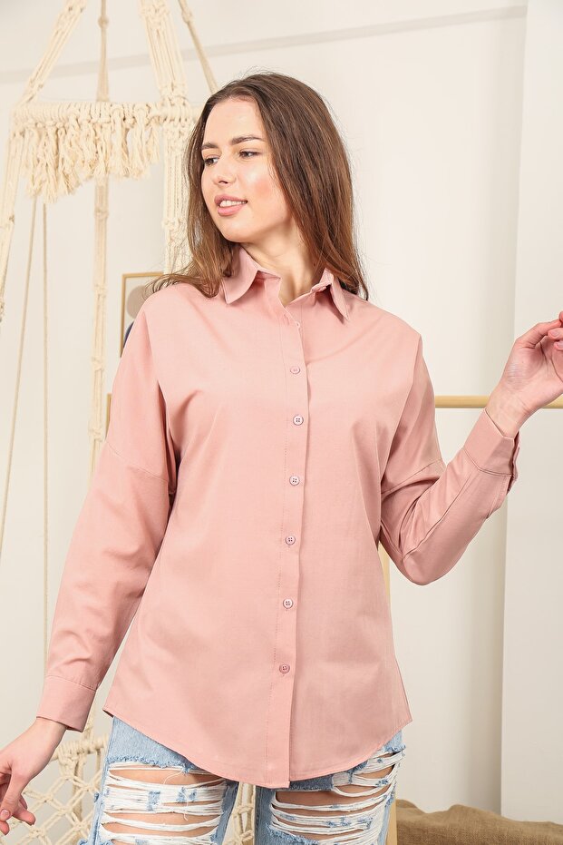 Kadın Pudra Oversize Uzun Basic Gömlek - 4