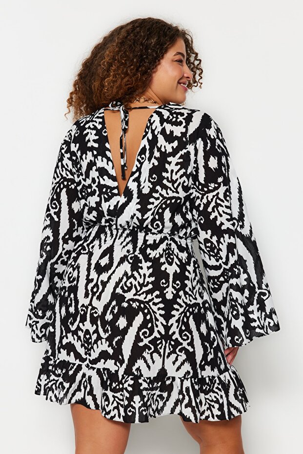 Siyah Etnik Desenli İspanyol Kol Skater Mini Dokuma Plaj Giyim Büyük Beden Elbise TBBSS23AH00114 - 5
